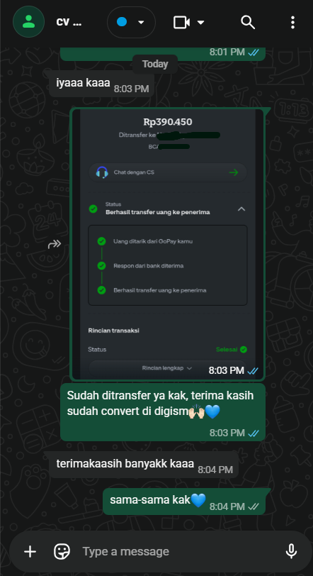 digi_stuffs's tweet photo. masih dengan cs yang sama, terima kasih sudah mempercayakan ke Digism 💙 #cvpulsadigism #zonauangㅤ https://t.co/n5yMKYm4ov