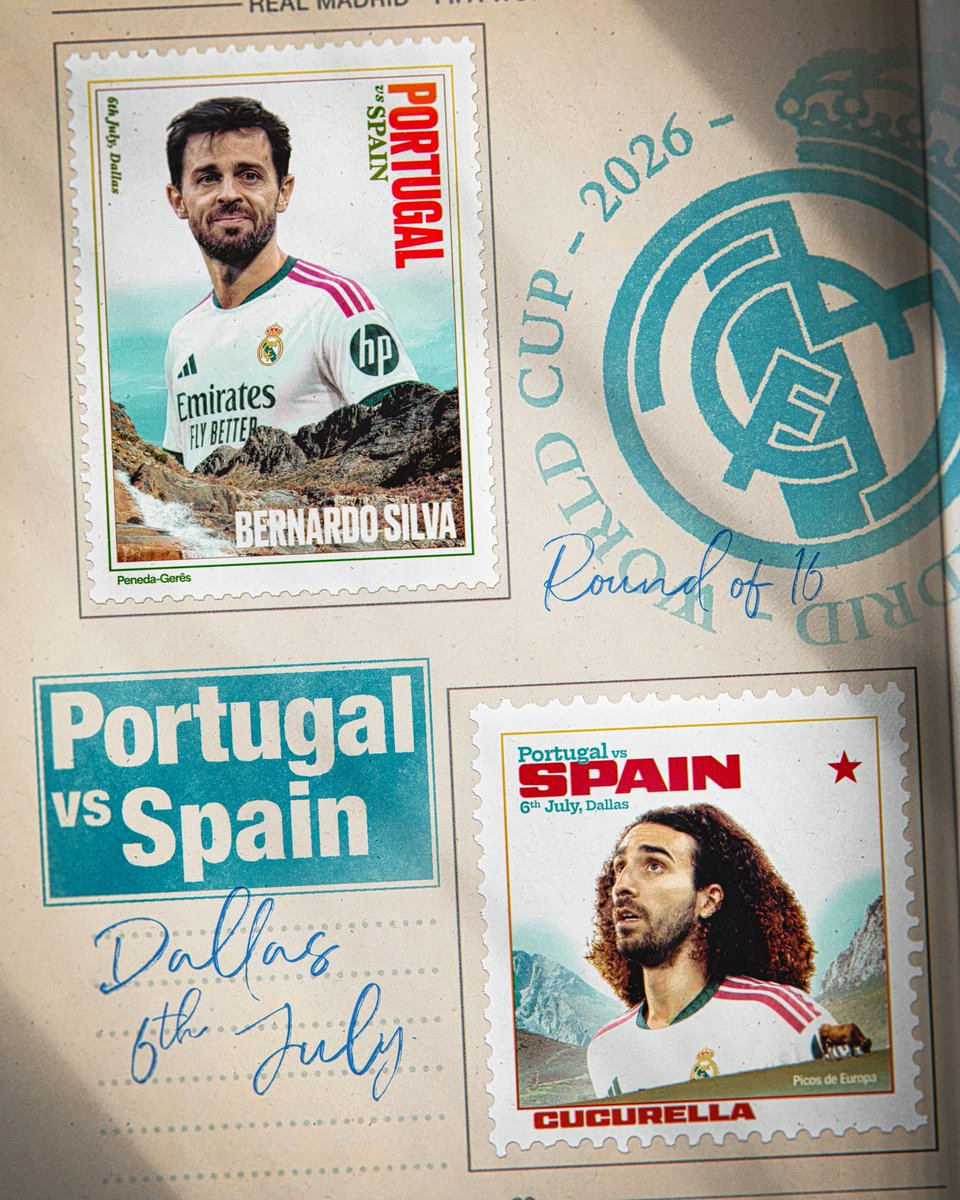 realmadrid's tweet photo. 🇵🇹 🆚 🇪🇸
👉 @BernardoCSilva
👉 @Cucurella3 
⏰ 06/07 | 21:00 CEST 
🏆 Octavos de final | Mundial 2026 https://t.co/lFx6WTOYCM