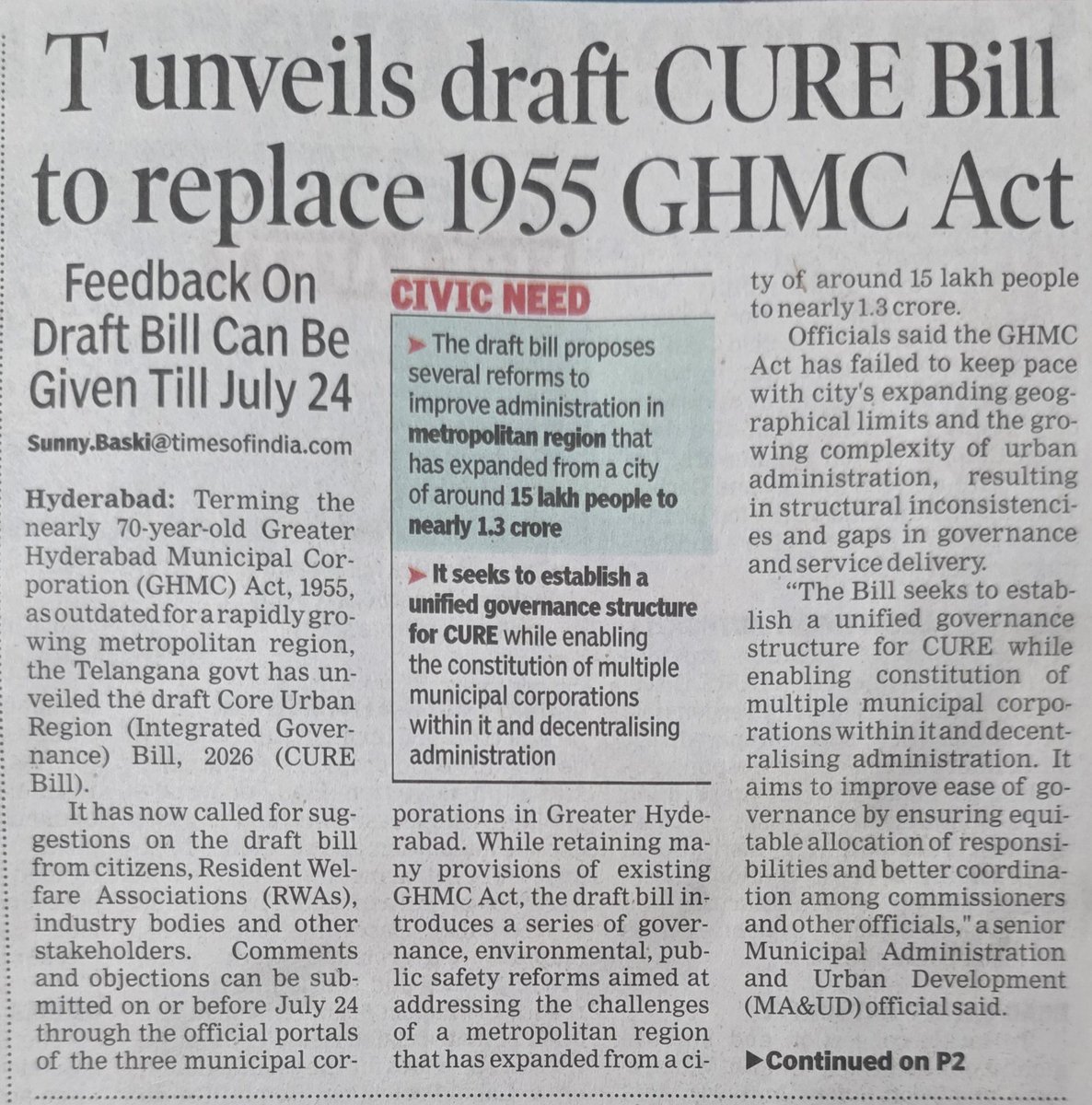 KVishReddy's tweet photo. 1955 GHMC Act indeed needs to be amended or replaced. I welcome the move.

However the move should be towards local self governance, increasing the say of the Corporator, the Resident Welfare Associations and the Residents.

At least 30% of the property tax they pay should directly in the hands of the residents. Many colonies and gated communities who pay huge taxes but cannot get the potholes right in front of their gates fixed. With this 30% they should be able to fix potholes, overflowing drainages, dangerous transformers etc. in their immedieate neighbourhood.