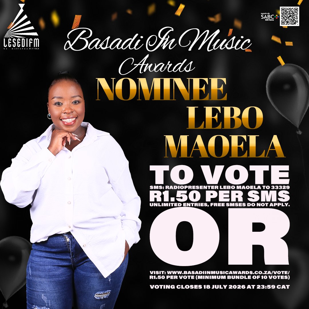 LesediFM's tweet photo. mme jwale ke nako ya ho nka  mohato wa ho qetela:
🗳️ Ho vouta:
SMS: Ngola RadioPresenter Lebo Maoela o e romele ho 33329
💸 R1.50 SMS | O ka romela di-SMS tse ngata kamoo o ratang; di-SMS tsa mahala ha di sebetse.
Kapa!! https://t.co/UwU9Ie2oX6