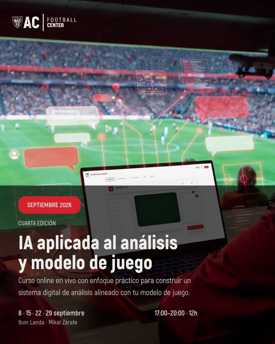 AC_FCenter's tweet photo. La IA ya forma parte del fútbol.

La diferencia está en integrarla con criterio en tu forma de analizar, ordenar y decidir.

En septiembre abrimos en ACFC una nueva edición junto a @ibonlanda.

https://t.co/Gpz3bhg7PI https://t.co/gdoFqi6Xo9