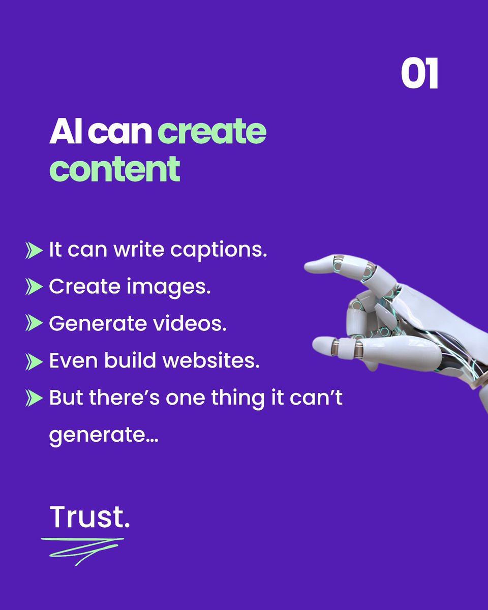 cubixsphere's tweet photo. AI can write captions.
AI can create images.
AI can even build websites.
But it can't earn trust, build genuine relationships, or tell your unique story.
Don't compete with AI. Use it to build a brand AI can't replace. 💜
#Branding #AI #DigitalMarketing #BusinessGrowth #Cubix https://t.co/sOHNf29NG3