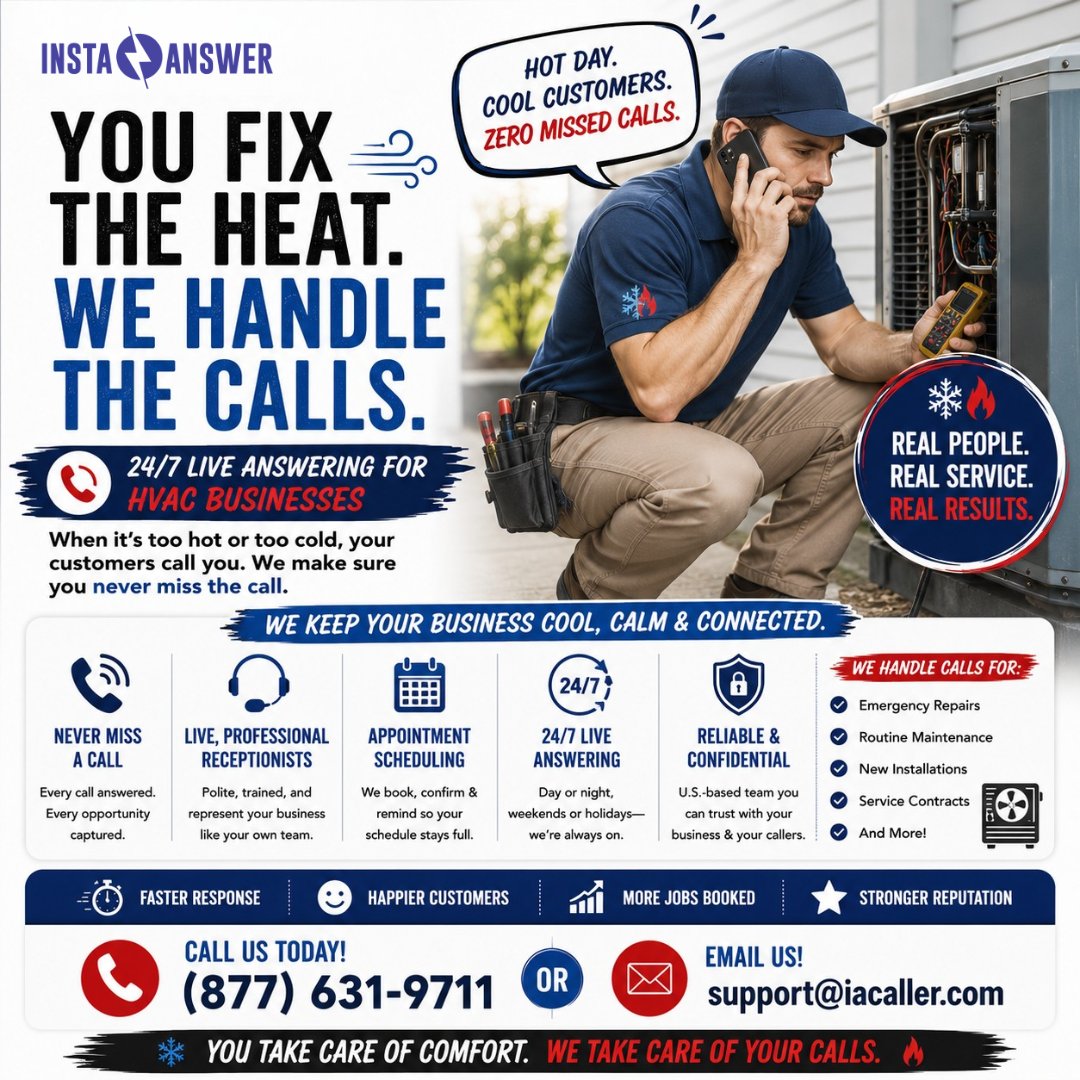 Insta_Answer's tweet photo. When the temperature rises, So does your call volume. From emergency AC breakdowns to routine HVAC maintenance, every call is a customer looking for comfort.
Call (877) 631-9711 or email support@iacaller.com.
#InstaAnswer #HVAC #VirtualReceptionist #HVACTechnician #CSR https://t.co/3gdv9V5WDT