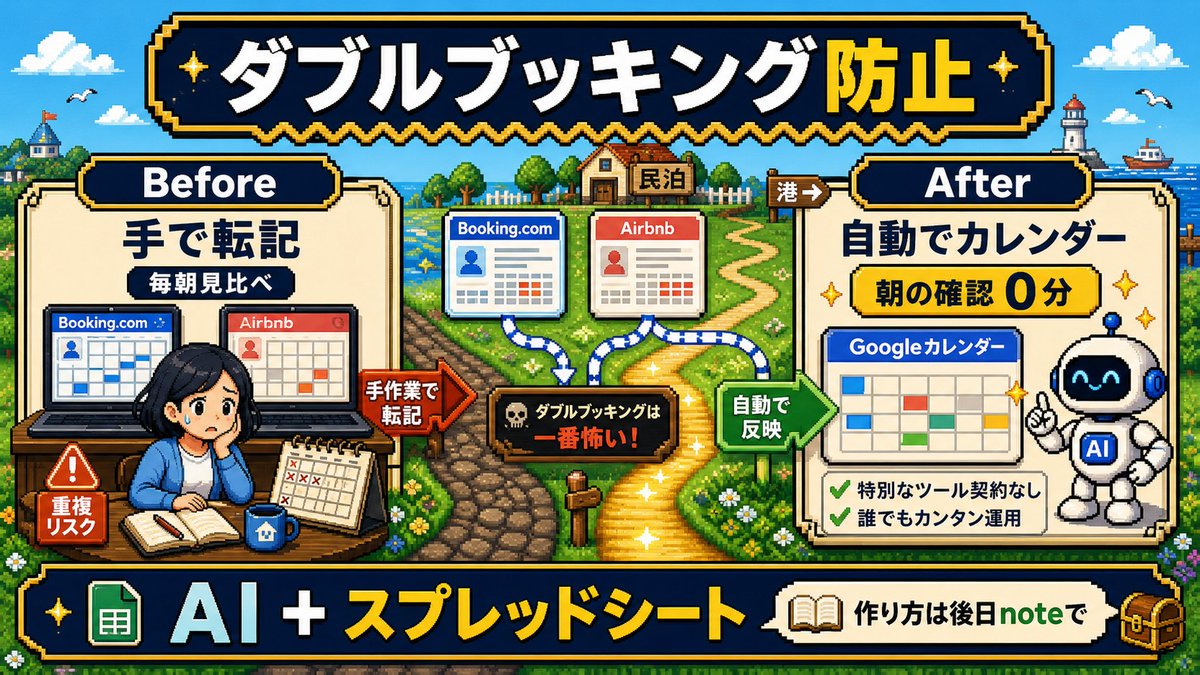 Minpaku_AI's tweet photo. 民泊やってて一番怖いのがダブルブッキング。

Before:
Booking. comとAirbnbのiCal連携でカレンダー転記後に手動で編集
After:
Googleカレンダーに予約者名・人数など自動で入力

仕組みはAI+スプレッドシート。サイトコントローラーなどの特別なツール契約不要。作り方は後日noteに📝 https://t.co/mvC8Cl4Du0
