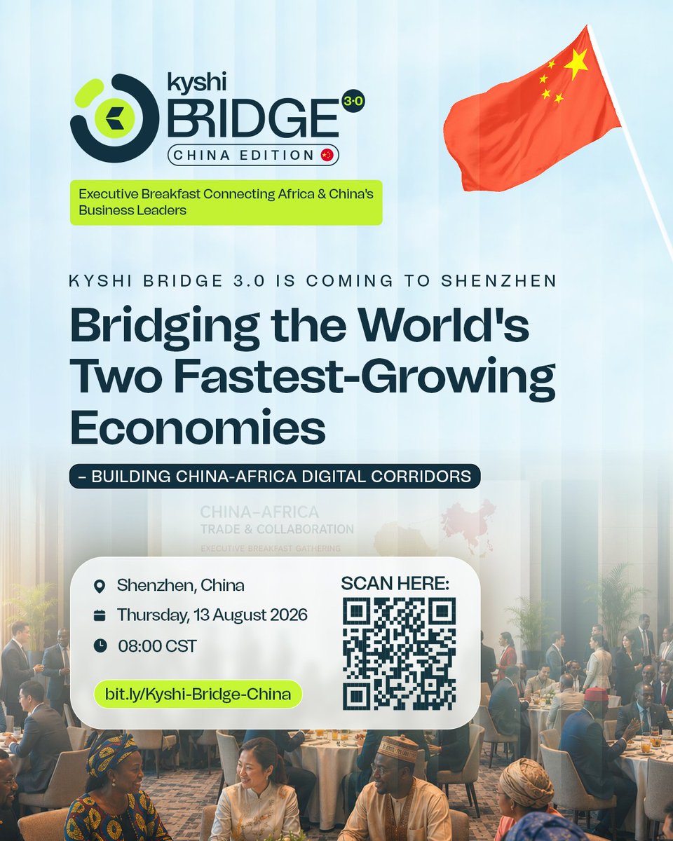 KyshiCo's tweet photo. Reserve your seat today:
🔗 https://t.co/XdN7JUdHoO

On 13 August 2026, Kyshi Bridge 3.0 arrives in Shenzhen, China for an exclusive Executive Breakfast Connecting Africa & China's Business Leaders.

This curated gathering will bring together founders, executives, investors, ecosystem builders, and decision-makers shaping the future of China–Africa trade, technology, fintech, manufacturing, logistics, and digital commerce.

📍 Shenzhen, China
📅 Thursday, 13 August 2026
🕗 08:00 CST