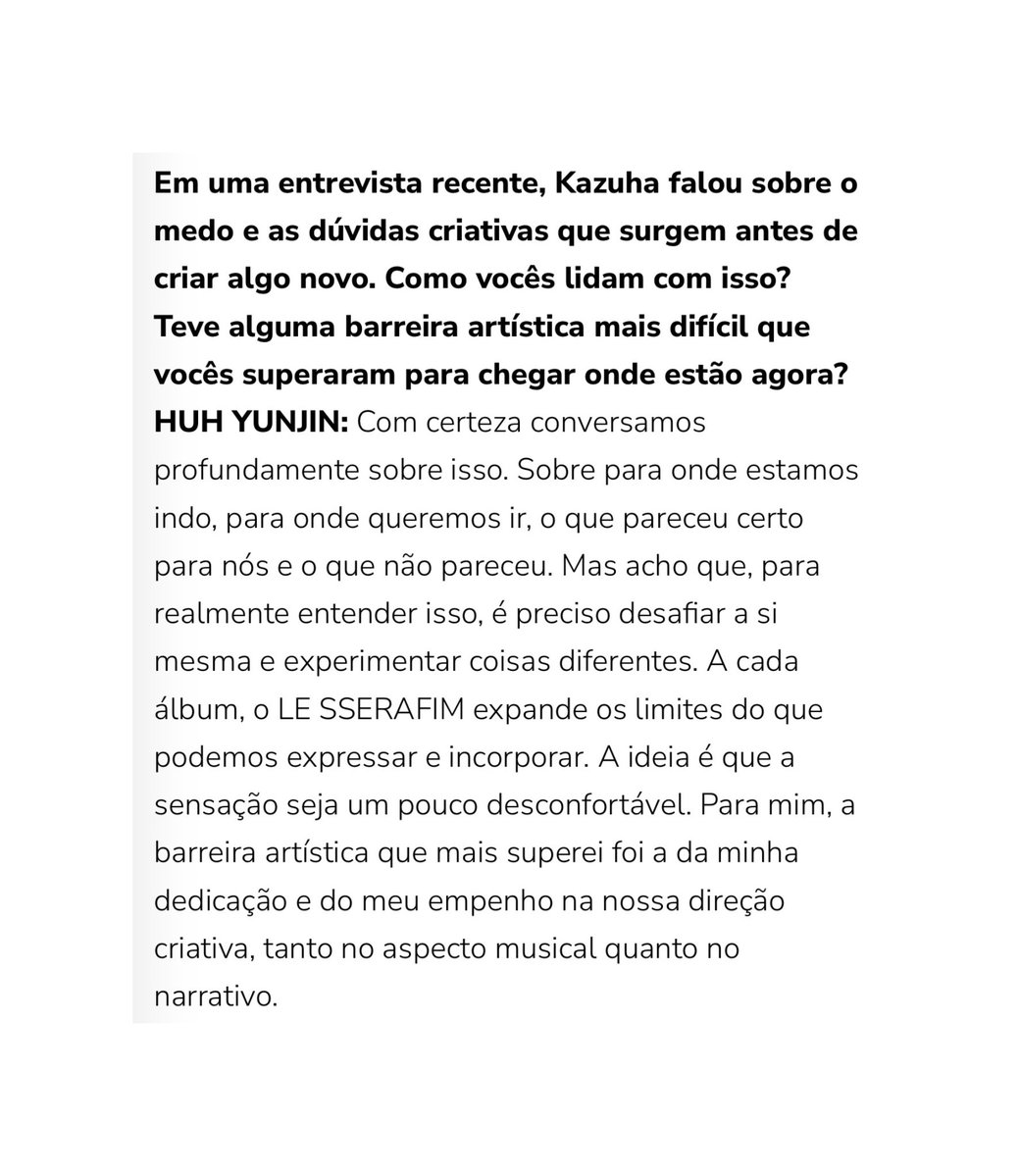 yunjinrs's tweet photo. YUNJIN talks about how to deal with the fear and creative doubts that arise before creating something new & if there was a particularly difficult artistic barrier to overcome to get to where they are now ❤️‍🩹

🐶: We definitely talk deeply about that. About where we are going, where we want to go, what felt right to us and what didn't. But I think to truly understand that, you have to challenge yourself and try different things. 
With every album, LE SSERAFIM pushes the boundaries of what we can express and embody. The idea is for it to feel a little uncomfortable. For me, the artistic barrier I overcame the most was my dedication and commitment to our creative direction, both musically and narratively.

🔗: https://t.co/yULhOEv9nT