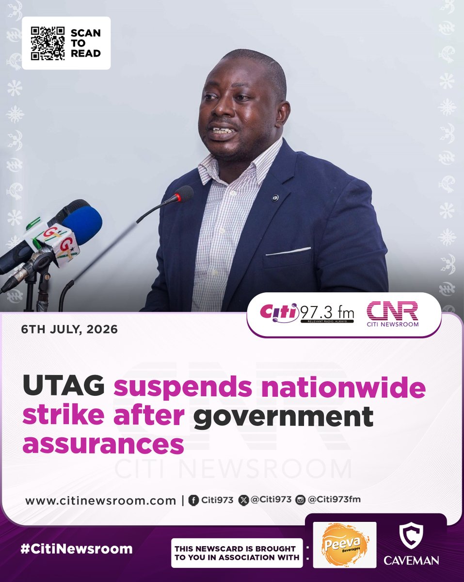 Citi973's tweet photo. The University Teachers Association of Ghana (UTAG) has suspended its planned nationwide strike, which was expected to begin on July 6, following renewed engagements with the government over conditions of service. #CitiNewsroom #CitiFM #GhanaNews

More here: https://t.co/LCeaIfEWve