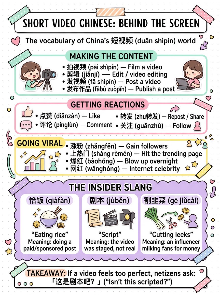 chinese_s_d's tweet photo. Chinese short-video culture has a whole backstage vocabulary 📱

Not just 点赞 and 关注, but the words people use when a video feels sponsored, staged, or just a little too polished 👀

That is where the comments get interesting.

Sometimes the real lesson is not the video itself.

It is what everyone suspects behind it 🎬

[Useful Words]
• 短视频 (duǎn shìpín) — short video
• 拍视频 (pāi shìpín) — film a video
• 剪辑 (jiǎnjí) — edit / video editing
• 发视频 (fā shìpín) — post a video
• 发布作品 (fābù zuòpǐn) — publish a post
• 点赞 (diǎnzàn) — like
• 评论 (pínglùn) — comment
• 转发 (zhuǎnfā) — repost / share
• 关注 (guānzhù) — follow
• 涨粉 (zhǎngfěn) — gain followers
• 上热门 (shàng rèmén) — hit the trending page
• 爆红 (bàohóng) — blow up overnight
• 网红 (wǎnghóng) — internet celebrity
• 恰饭 (qiàfàn) — doing a paid / sponsored post
• 剧本 (jùběn) — script / staged content
• 割韭菜 (gē jiǔcài) — exploit followers for money
• 这是剧本吧？(zhè shì jùběn ba?) — Isn’t this scripted?