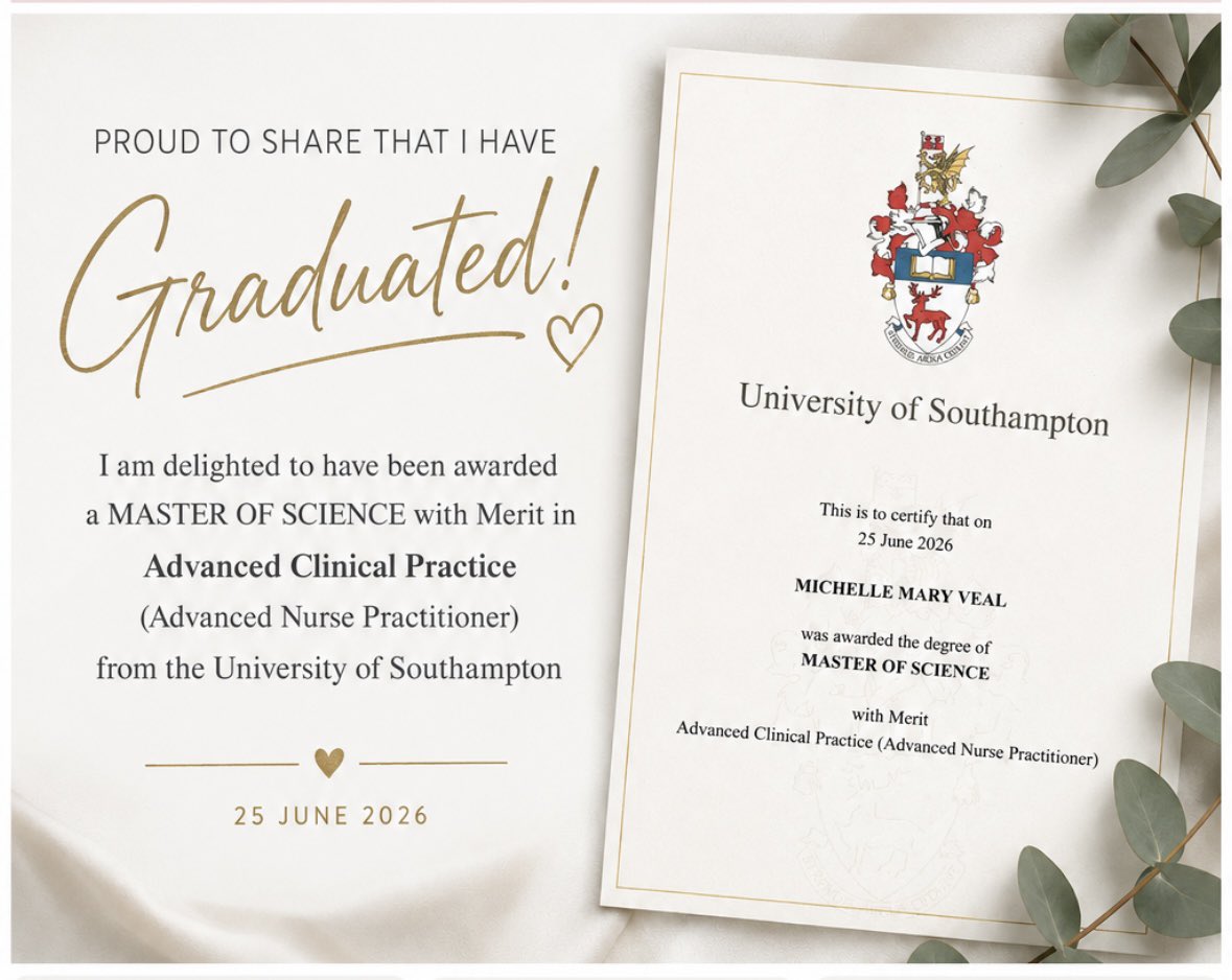 MichelleVeal12's tweet photo. On to the next chapter.
#MSc #AdvancedClinicalPractice #NursePractitioner #UniversityOfSouthampton #Healthcare https://t.co/XUum0CJvSP