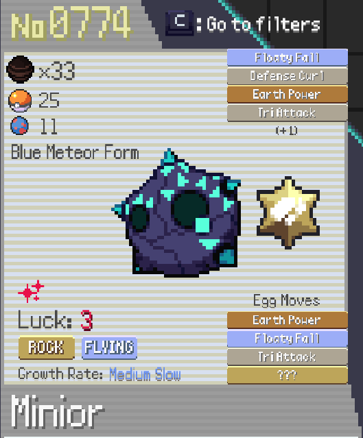 TalonBX's tweet photo. So I've been very into PokéRogue lately. I just got the tier 3 shiny for Minior and it's one of the coolest variants I've seen! I love how the meteor form has its own shiny palette too https://t.co/8ktBtjwFr0