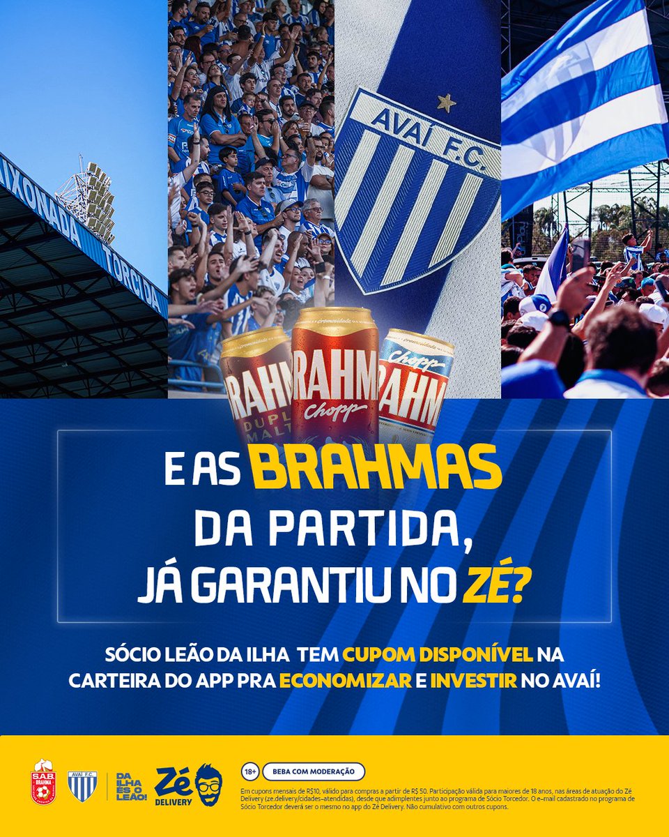 AvaiFC's tweet photo. Sócio Leão da Ilha, que tal aproveitar o cupom exclusivo de R$10 no Zé? Pedindo qualquer Brahma, até 20% do valor volta para o Avaí!
Basta se cadastrar no app com o mesmo e-mail de sócio e selecionar o seu cupom exclusivo na hora do pagamento!

#CashbackDoSócio
#BebaComModeração https://t.co/TSTtUh1CEz