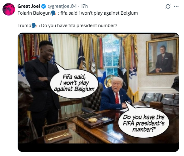 rtvimedia's tweet photo. «Звонок другу»: Трамп отменил красную карточку на ЧМ и расколол футбольный мир

Отмена дисквалификации лучшего форварда сборной США Фоларина Балогуна произошла после прямого звонка Дональда Трампа президенту FIFA Джанни Инфантино, с которым его связывают дружеские отношения. О телефонном разговоре с просьбой разрешить футболисту сыграть в матче с Бельгией сообщает New York Times, а также ряд спортивных журналистов. 

Ситуация мгновенно завирусилась в соцсетях, вызвав лавину мемов про «главный козырь» американцев. Пользователи постят картинки с Трампом и госсекретарем Рубио в судейской форме и шутят, что в правилах ЧМ-2026 появился новый пункт — «звонок из Белого дома».

Но мемами дело не ограничилось. В UEFA жестко отреагировали на случившившееся, официально заявив о «переходе красной черты». В европейском футбольном союзе назвали отмену дисквалификации беспрецедентным шагом и подчеркнули: автоматический пропуск матча после удаления с поля — это строгий регламент, а не тема для политических дискуссий.