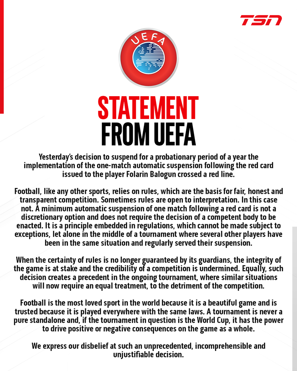 TSN_Sports's tweet photo. UEFA has released a statement expressing disbelief at FIFA's decision to suspend Folarin Balogun's red card ban in the Round of 16, saying that it "crossed a red line." #FIFAWorldCup https://t.co/N8fVmDeAK9