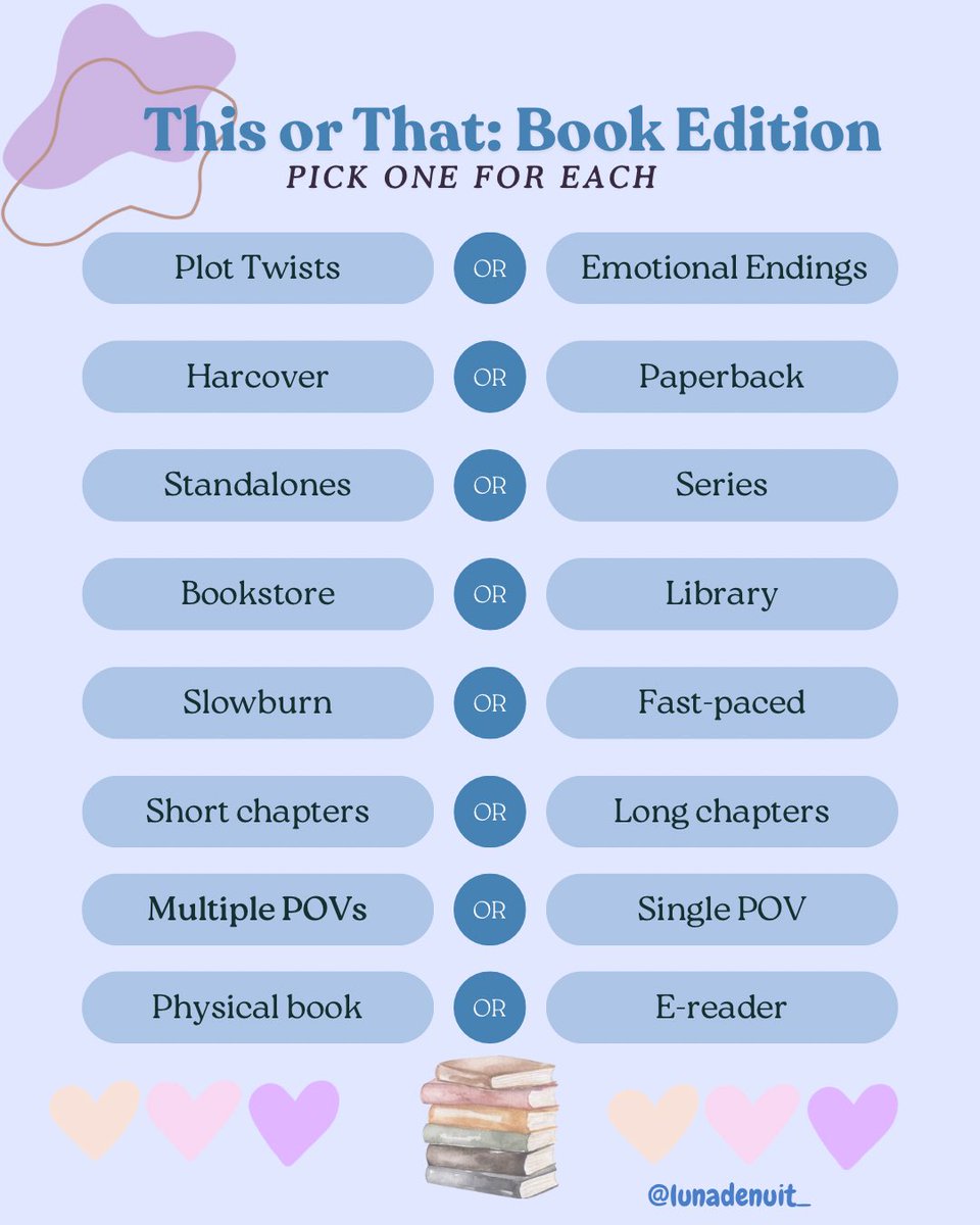 LunaDeNuit_'s tweet photo. I need to know where everyone stands on these book debates. 👀 📚 Pick one for each and let’s compare answers! https://t.co/j65EQxh8AC