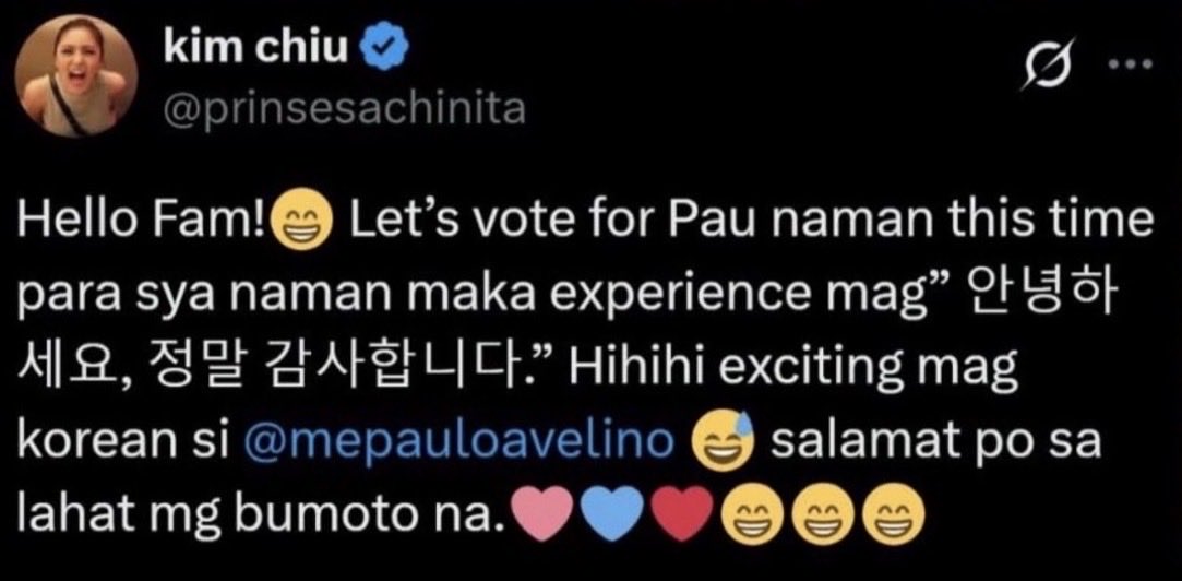 iamevm0607's tweet photo. Ang bilis, parang naka auto‑load 24/7 🤭Keep voting, #KimPau Fam — one winner lang, and let’s give Pau our full 💯 votes ⭐️ Request din ’to ni Kim na si Pau naman this time, kaya go all‑out tayo sana for Pau 🙏💙
 #KimChiu #PauloAvelino #TheAlibiPartnership https://t.co/qKz9xNtKYU