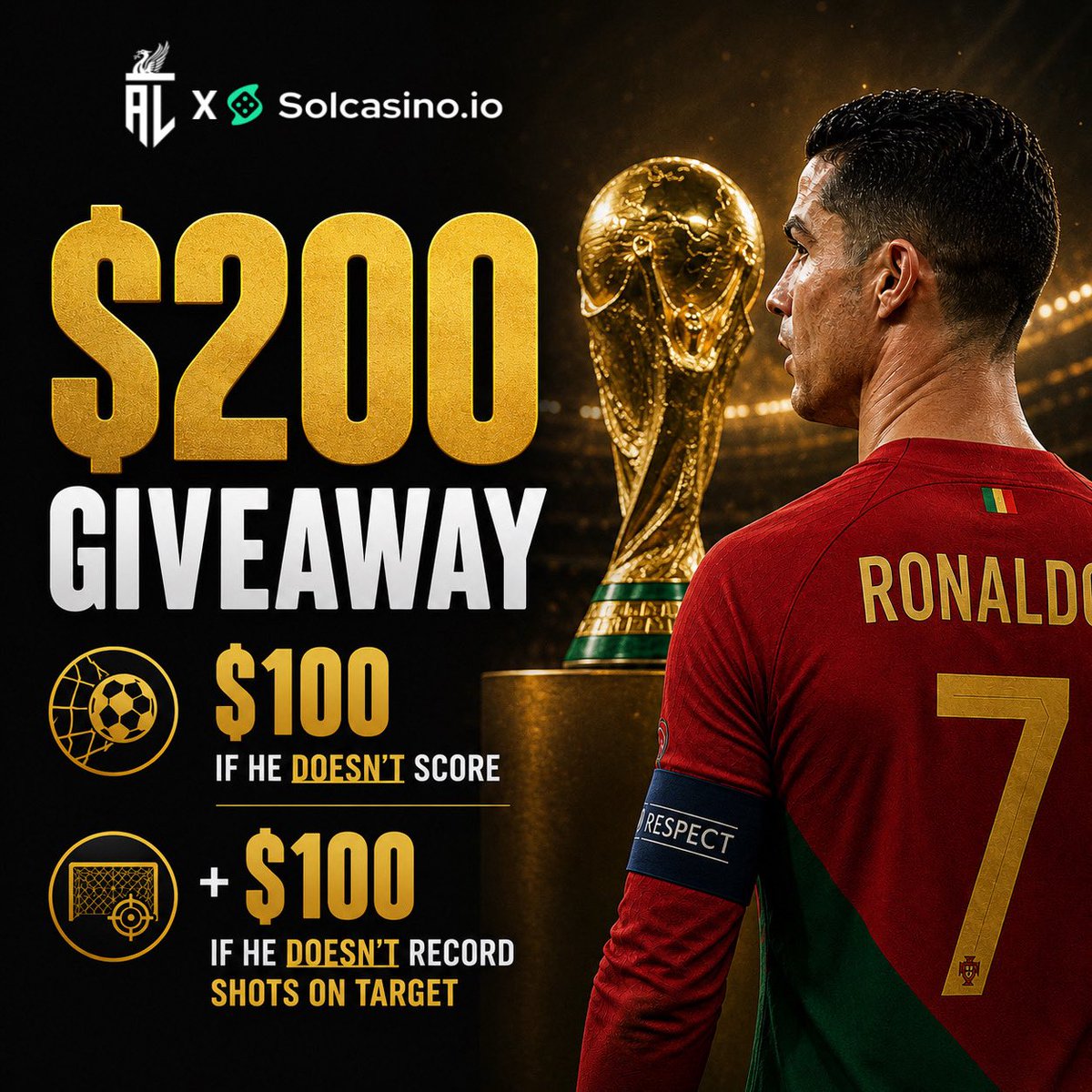 AnythingLFC_'s tweet photo. 🚨 HUGE GAME. HUGE GIVEAWAY. 🚨

If Ronaldo doesn’t score, we’ll give away $100.

If he also records NO shots on target, we’ll give away ANOTHER $100 to a second winner.

To enter:
❤️ LIKE
💬 COMMENT
🔁 REPOST
ℹ️ Follow @AnythingLFC_ &amp; @solcasino https://t.co/ZSFUf8ANkk