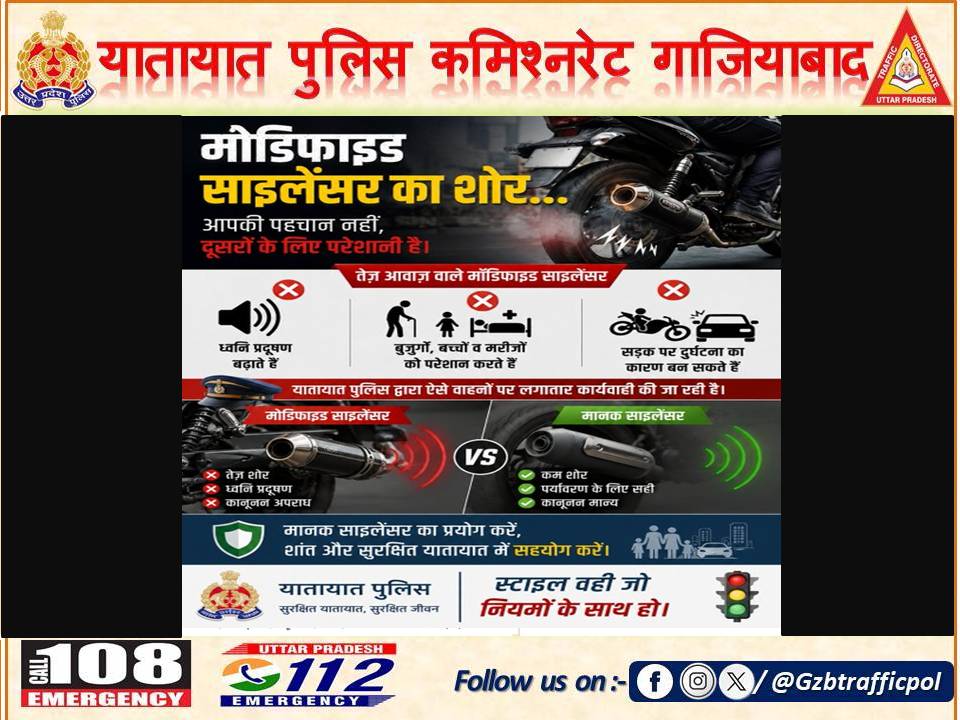 Gzbtrafficpol's tweet photo. "पटाखे वाली आवाज नहीं, सुरक्षित सफर की बात करें। 
मॉडिफाइड साइलेंसर को आज ही 'ना' कहें।"

@Uppolice @uptrafficpolice @dgpup @adgzonemeerut @digrangemeerut @ghaziabadpolice @PPS_VarunSingh https://t.co/dsqZPffiTu
