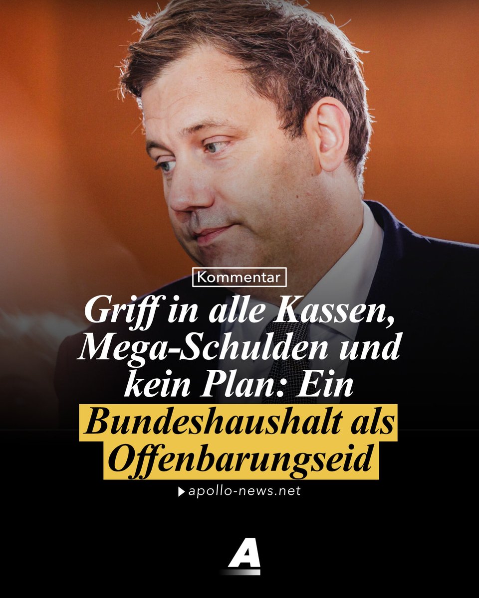 apollo_news_de's tweet photo. Lars Klingbeil schustert einen höchst unseriösen Haushalt zusammen – und gibt Wladimir Putin die Schuld dafür. Das ist zu billig: Bald schon dürfte die fiskalische Wirklichkeit uns ernste Fragen zu dieser Art von Haushaltspolitik stellen.

https://t.co/Sqezjtrv7D https://t.co/YwzzEcfH3C