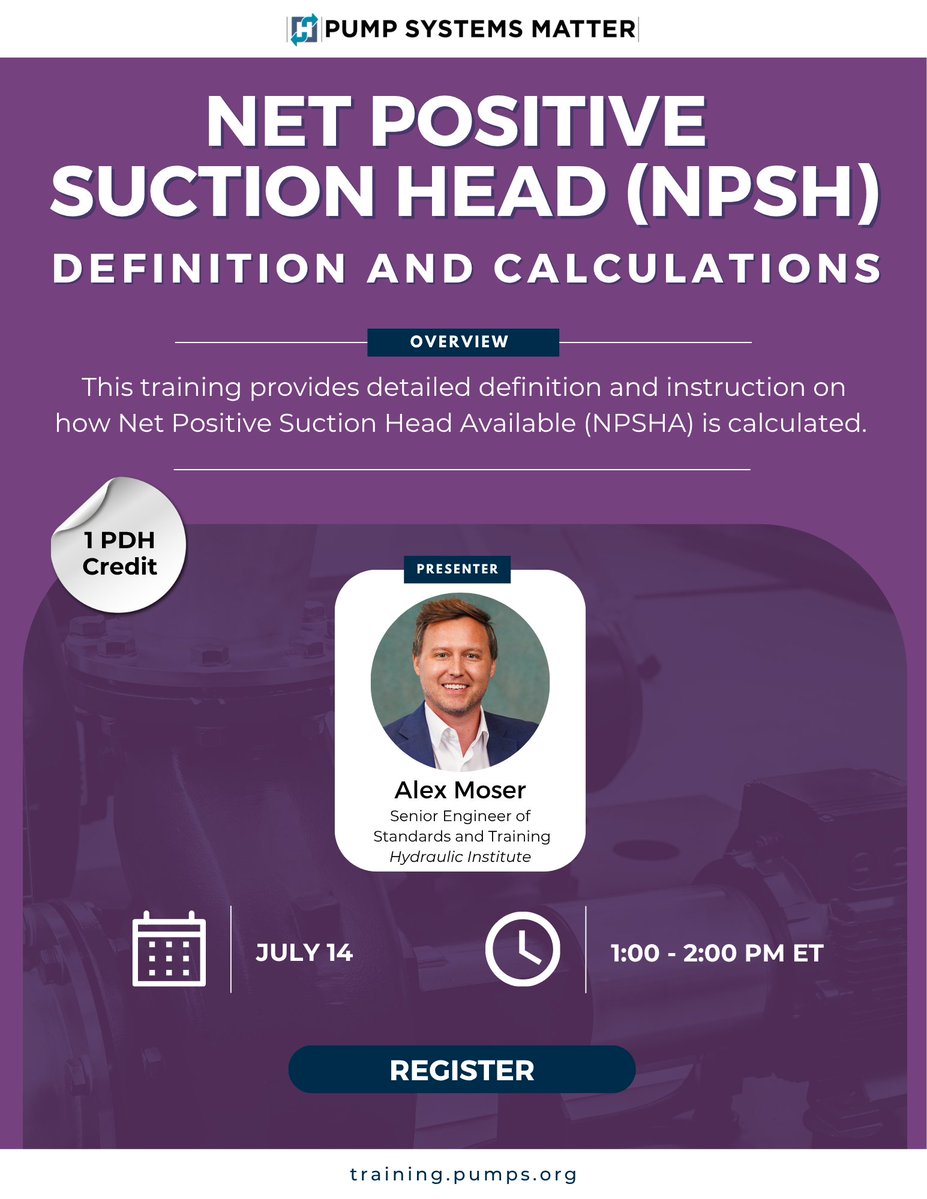 HIpumps's tweet photo. Time's running out to register for our webinar, NPSH Definition &amp; Calculations.

🗓️ July 14 |⏰ 1:00 - 2:00 PM ET | 🎓 1 PDH Credit

Learn to apply Bernoulli’s Equation, calculate frictional head loss &amp; more,

Register now to attend live 👉 https://t.co/BQAwL7dpBI https://t.co/QqI82OEQLy