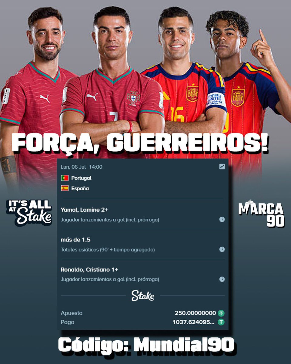 marca90ec's tweet photo. 🔥 ¡8vos con sabor a final! 🇵🇹🇪🇸
Partidazo entre Portugal y España, y combinada ya está lista!
Entra a https://t.co/G0H05VB6tC, usa el código Mundial90 y gana $21💰en tu pronostico.
Juega aquí: https://t.co/u0qLjC9D9D
#Marca90 #Stake #Portugal #España https://t.co/2fYsFmIQKB