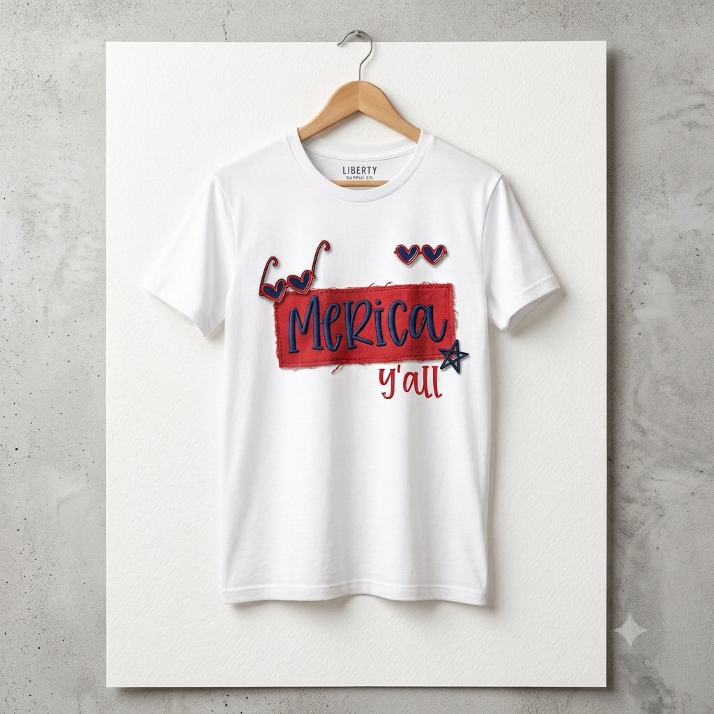 Rainstudi_o's tweet photo. Need a patriotic t-shirt that's as unique as you? This custom design combines a frayed embroidered patch with heart-shaped sunglasses and a star applique. Subtle American pride for a casual look. Tell 'em 'y'all' sent you!
β
β#USA #PatrioticApparel #CustomTees #4thofJuly https://t.co/EmdGgCiwet