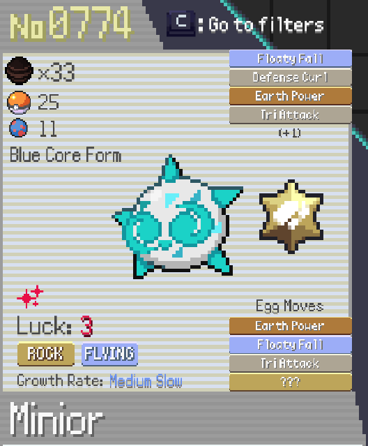 TalonBX's tweet photo. So I've been very into PokéRogue lately. I just got the tier 3 shiny for Minior and it's one of the coolest variants I've seen! I love how the meteor form has its own shiny palette too https://t.co/8ktBtjwFr0