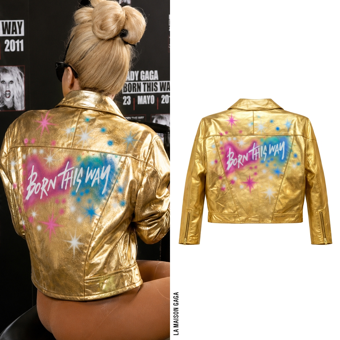 LaMaisonGaga_'s tweet photo. For her interview with E! Online and Xuxa TV Gaga chanted into another custom airbrush leather jacket creation by @XZoticInk paired with a terracotta mesh catsuit by #PerryMeek and bow wig by @HairByFrederic. https://t.co/GY6ekPV7hd