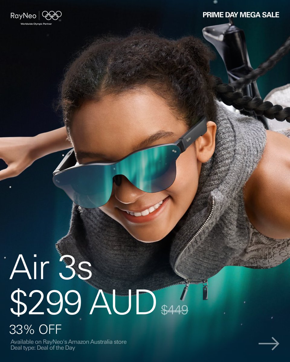 rayneo_global's tweet photo. Sun’s out, prices are down.
Up to 33% OFF the RayNeo Air series. Only on Amazon Australia, July 7-13.
Bio link is live. Go get 'em. 🏃♂️
#RayNeo #RayNeoAir4Pro #PrimeDay #smartglasses https://t.co/jSaIlmtRv9