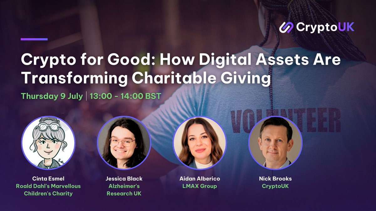 CryptoUKAssoc's tweet photo. Crypto has the potential to make charitable giving faster, more global and more transparent.

Join speakers from @RoaldDahlFund, @AlzResearchUK and @LMAX as they explore how digital assets are being used in charitable giving, what charities are learning, and where the opportunities and challenges lie.

Open to everyone: https://t.co/hqYPNue9tf