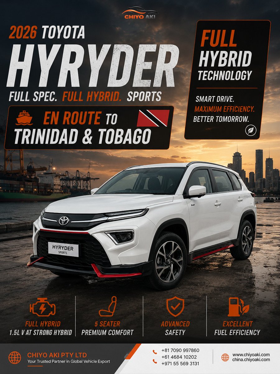 chiyoakihub's tweet photo. EN ROUTE TO TRINIDAD & TOBAGO โ TOYOTA HYRYDER FULL HYBRID SPORTS 2026
#ChiyoAki #ChiyoAkiPtyLtd #ToyotaHyryder #Hyryder2026 #FullHybrid #ToyotaHybrid #EnRoute #TrinidadAndTobago #CarExport #RightHandDrive https://t.co/PKVdGq6kDj