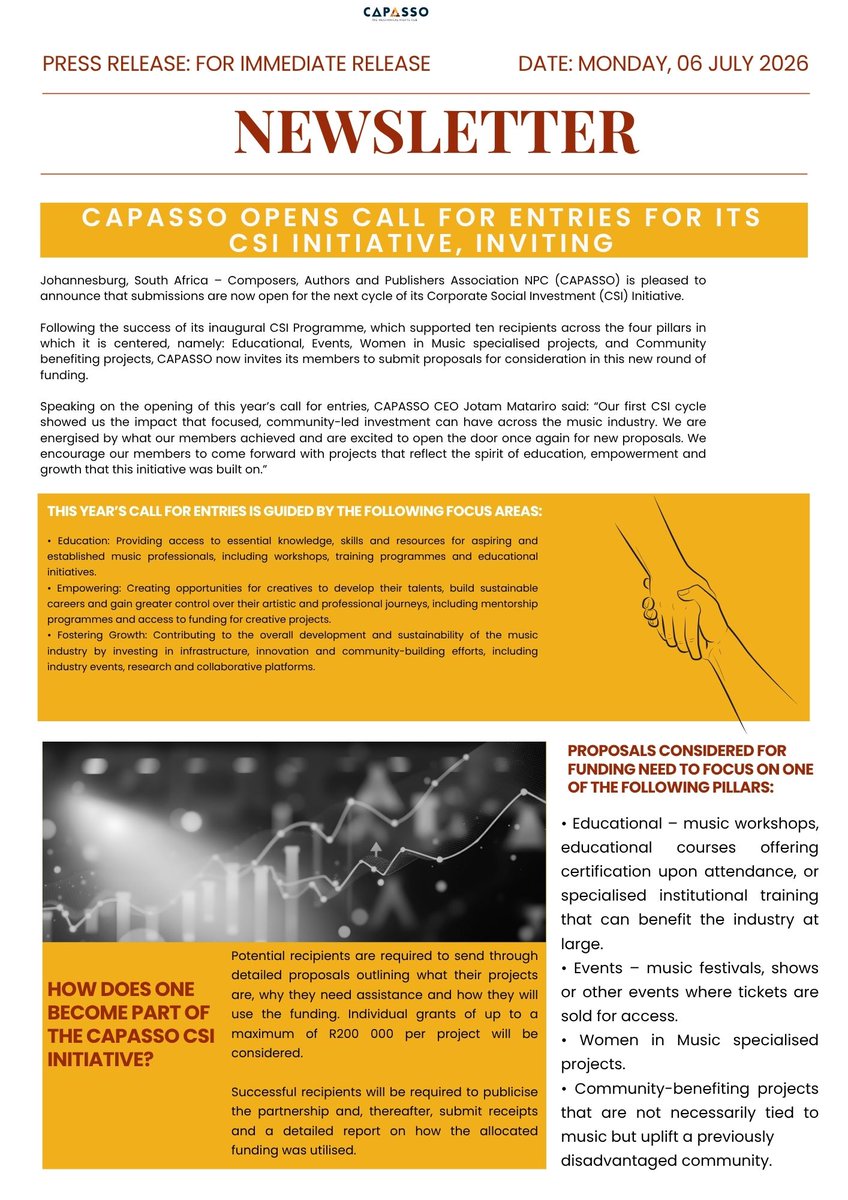 CapassoHub's tweet photo. 🚨 Our #CAPASSO CSI 2026 Applications are now open!

CAPASSO members can apply for funding of up to R200,000 for projects that educate, empower and grow the creative industry.

📅 Apply by 24 July 2026
📧 csi@capasso.co.za
🌐 https://t.co/F3KvkSL3Lg

#CSIInitiative https://t.co/9AhFjZCe4u