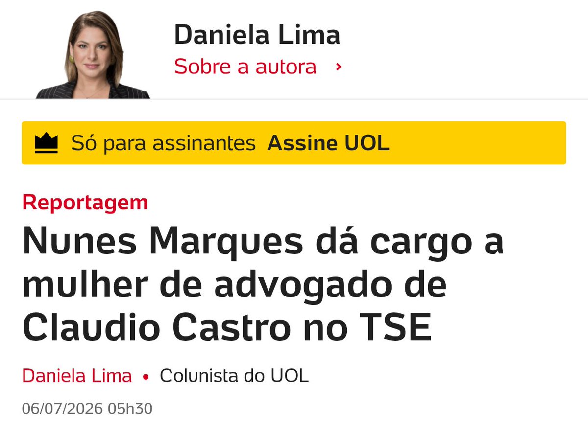 rf5791's tweet photo. 🚨 Apuração de Daniela Lima (UOL): Esposa do advogado de Cláudio Castro ganha cargo no TSE por indicação de Nunes Marques. Pergunta rápida: mera "coincidência" ou fere a segurança jurídica do tribunal? #STF #Noticias #TSE https://t.co/yIKsBiaaxK