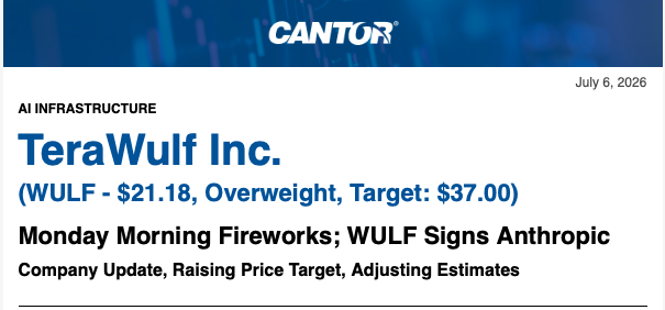 cazenove_uk's tweet photo. As @TeraWulfInc announces their latest colocation deal with @AnthropicAI for 401 MW of Compute power, over an initial 20 year contract period, @Official_Cantor have provided an 'Overweight Rating' and $WULF target of $37.00. https://t.co/HzxhkvL883