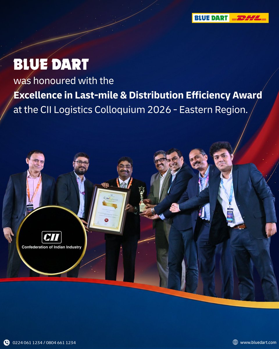 BlueDart_'s tweet photo. We're proud to share that Blue Dart has been honoured with the Excellence in Last-mile &amp; Distribution Efficiency Award at the CII Logistics Colloquium 2026 – Eastern Region.

#BlueDart #CII #LogisticsExcellence #LastMileDelivery #WeMoveYourWorld https://t.co/L8E6FC3CSq