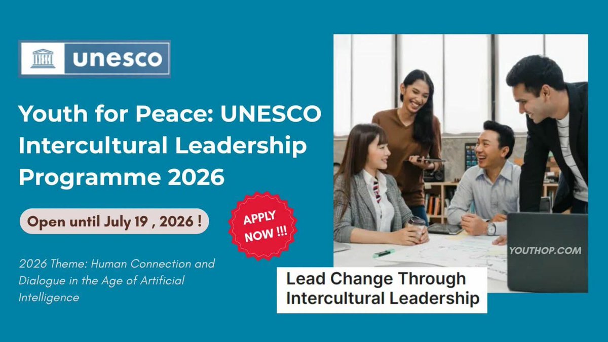 YOpportunities's tweet photo. 🌍 Apply for the UNESCO Youth for Peace Program! Lead AI-driven community peace projects &amp; unlock $10k in seed funding.
Deadline: July 19, 2026
👉 https://t.co/uWyQVTK5Jb https://t.co/AhP5vrVA6G