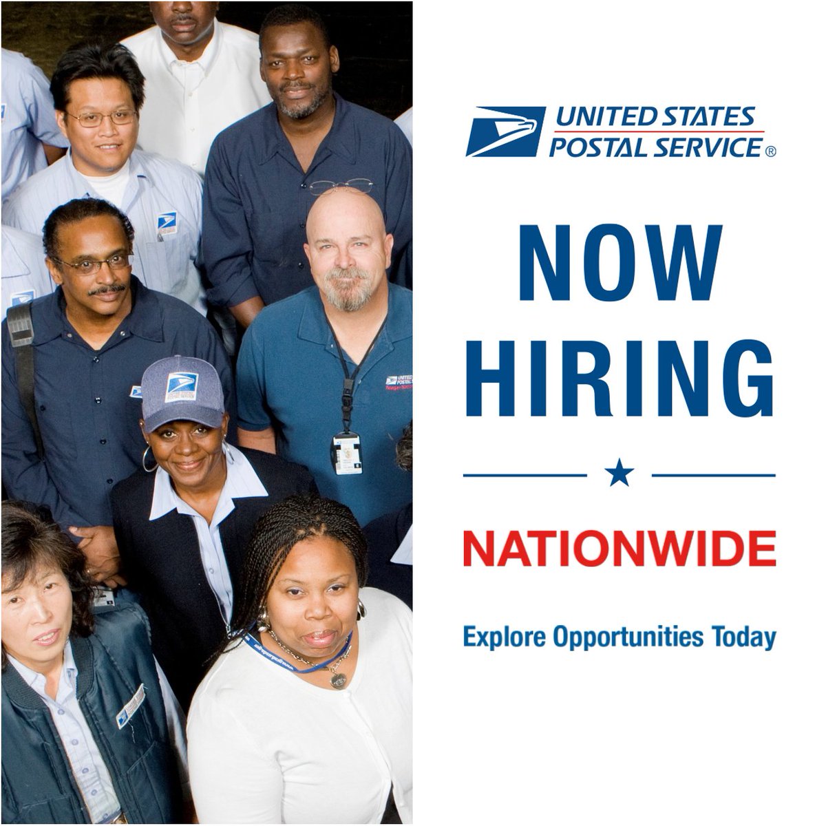 USPS's tweet photo. The United States Postal Service is actively recruiting for many positions that may be perfect for you. Whether full time, part time or seasonal positions, we have options available: https://t.co/nSyX0APREh https://t.co/qRoyshoM9z