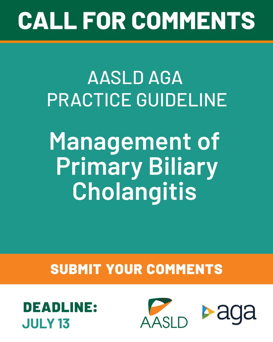 AASLDtweets's tweet photo. ⏰One week left to provide feedback on the joint #AASLD @AGA_Gastro guideline for #PrimaryBiliaryCholangitis #PBC.

Your insights can help shape the final recommendations that guide clinical care. Review the draft guideline and submit your comments by Monday, July 13.

🔗Share your expertise: https://t.co/99vtZsFChX