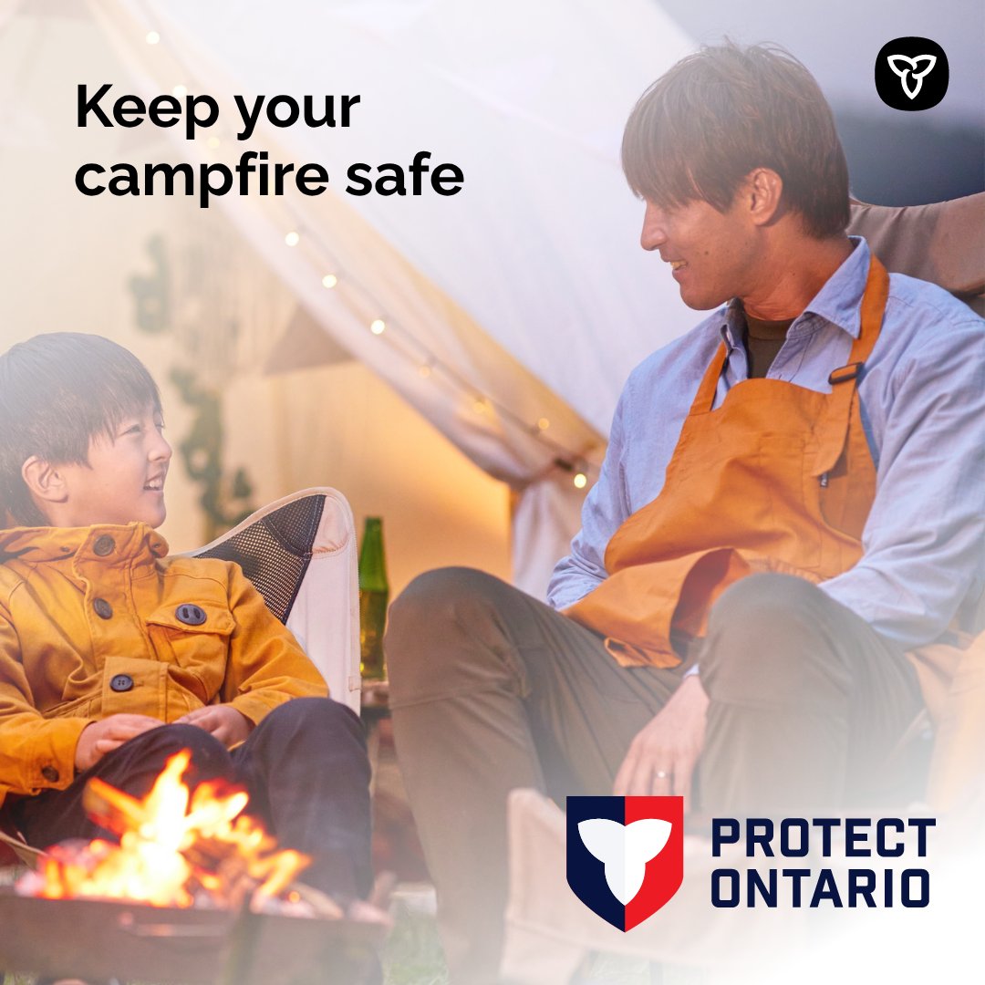 ONsafety's tweet photo. Camping with kids this summer? Keep your campfire safe with these tips:
 🌲choose a site close to water and sheltered from wind
 🔥 keep it small
 🚫 never leave it unattended
 💧 douse it thoroughly with water
 
Keep everyone fire safe while camping.
 
https://t.co/GkLsvwwKiR https://t.co/N4uNj4jGW2