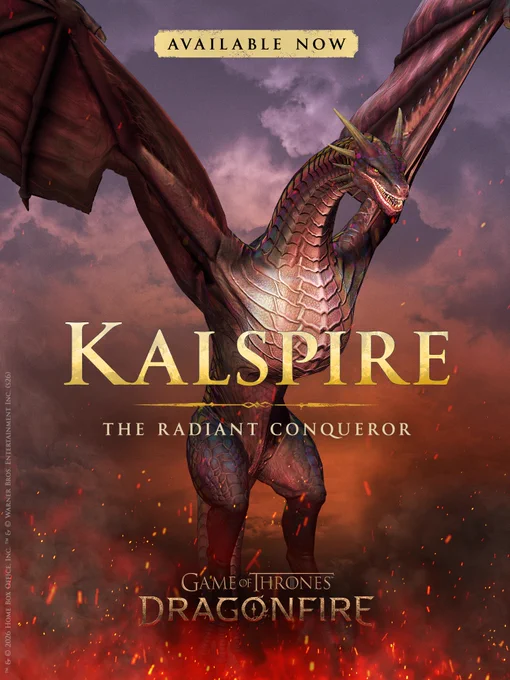Image of the dragon Kalspire "The Radiant Conqueror" from Game of Thrones: Dragonfire with an image of the dragon amidst flames. 