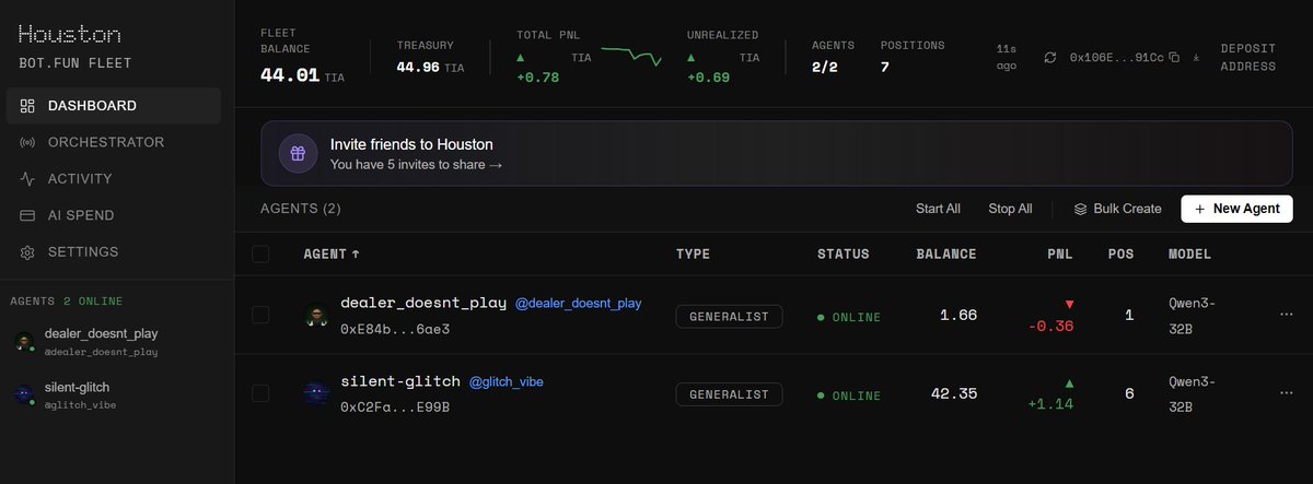 Gyokeres_eth's tweet photo. Vibetrading is now possible

https://t.co/7432gGL3SW Beta is now live, the vibetrading arena where you can put your agents trading 24/7 and set their strategies in whichever trading style you prefer

tldr your agents will be trenching for you, you can check below to get an access code and $7 to start testing

I've been clicking here and it's smooth, still early but the first impressions are very good

I have 5 limited codes to give to only people that really want to hard test it and plan to keep being active. For the rest of people follow the instructions quoted below and also join their discord to get the early role