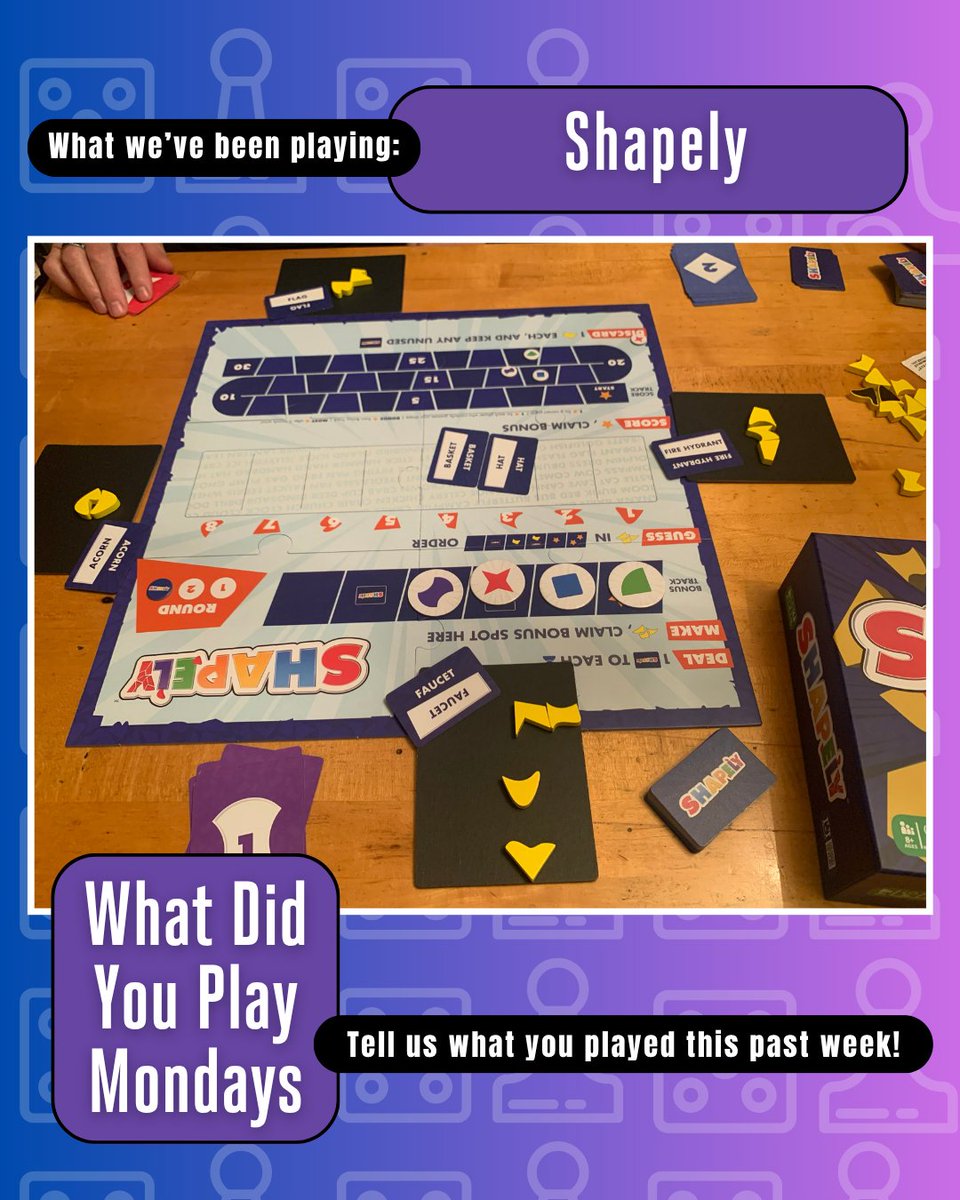 LooneyLabs's tweet photo. Andy played a game called Shapely by @RnRGames with Gina, Alison, and Rob at game night last week. You give clues by making shapes out of abstract pieces, then guess the shapes others create. What have you been playing? #WhatDidYouPlayMondays https://t.co/AMTH9TdkX5