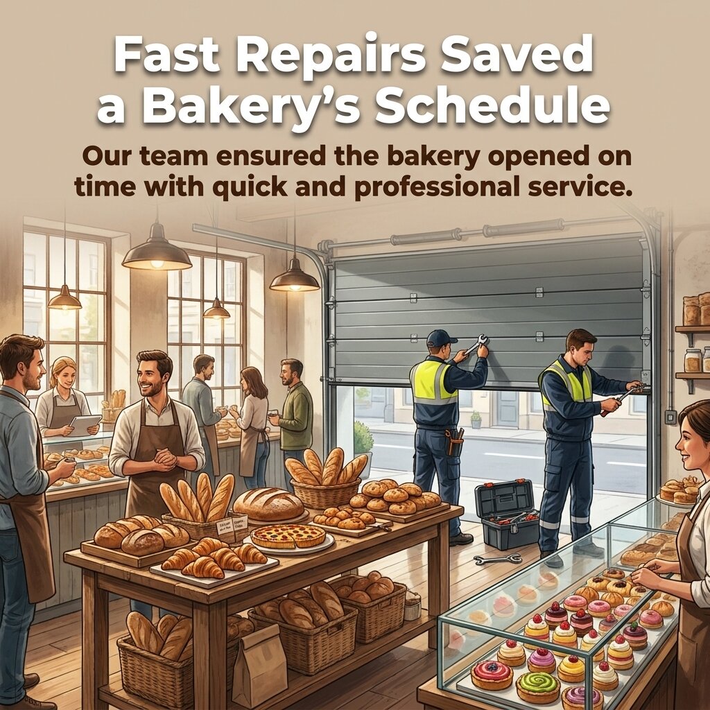 911GarageRepair's tweet photo. A Dallas bakery faced a crisis when their garage door wouldn’t budge before morning deliveries. Our 911 Garage Door Repair Pros quickly replaced a worn spring, saving the day! The bakery opened on time, keeping their bread and business rising. #DallasBusiness #GarageDoorRepair... https://t.co/59fmOM2aFd