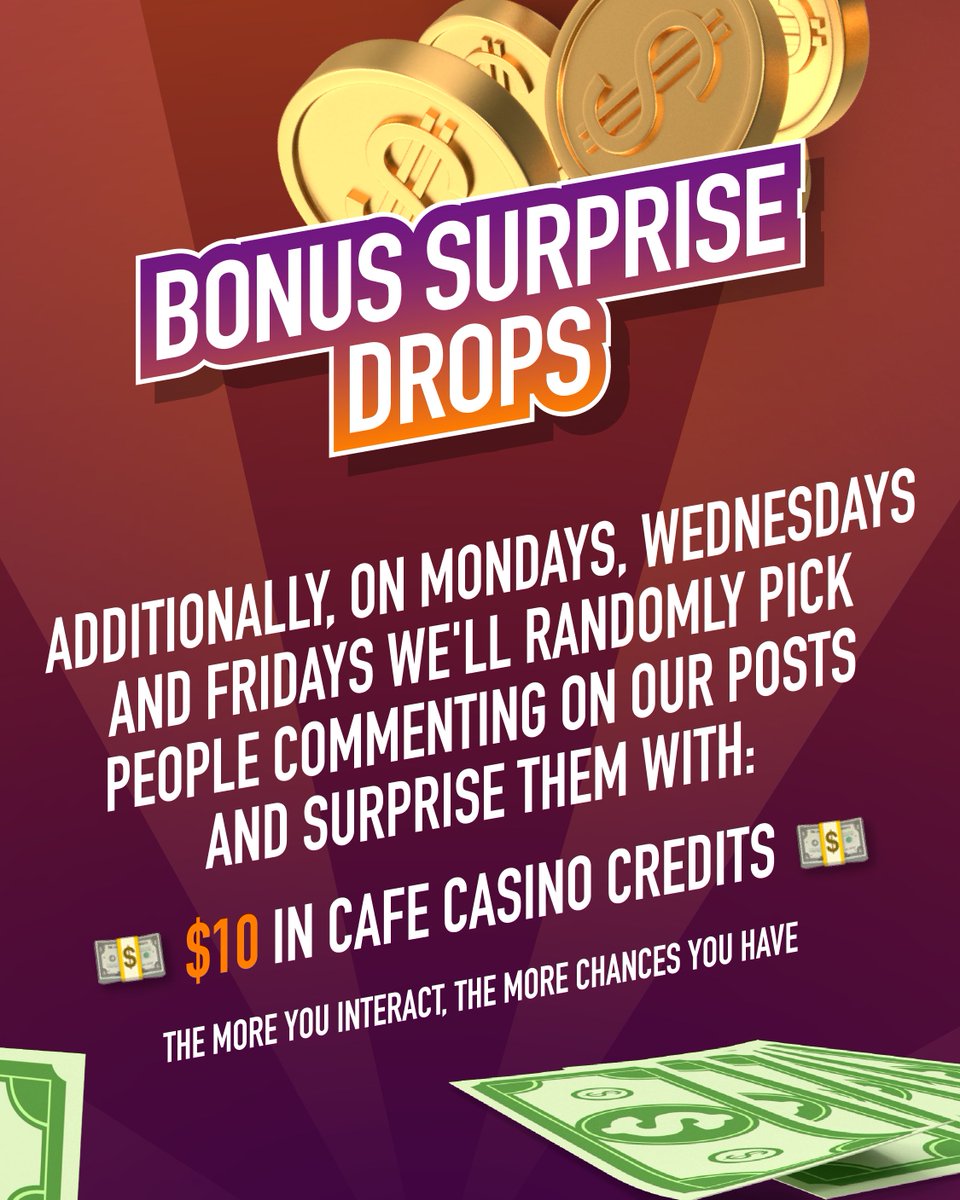 CafeCasinoLV's tweet photo. 🎉 NEW CAFE CASINO GIVEAWAYS 🎉

Here's how to win:

💰 $25 Weekly Giveaway
💰 3 Surprise $10 Winners Every Week (starting this Wednesday - 8th of July) 
🏆 $100 Monthly Grand Prize

Simply:
✅ Follow us
✅ Like our posts
✅ Comment on our content

New week starts every Monday at 10am EST. The first week is live now! 

Winners will be announced every Monday at 10am EST in a post shared by our account . 

The more you interact, the more chances you have to win.

Good luck! 🍀

Giveaway T&Cs - https://t.co/vNwYcjAhDn 

#giveaway #giveawayalert #wingiveaway #contest