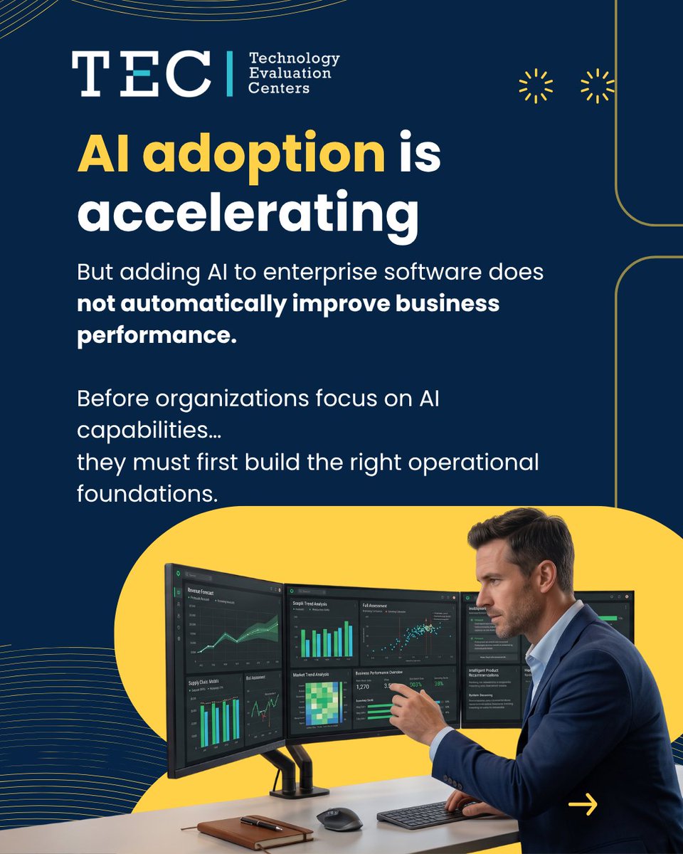 TECtweets's tweet photo. Adding AI to enterprise software does not automatically create business value.
Before organizations focus on AI capabilities, they should first ask:
Are our systems, data, processes, and people truly ready for AI?
#AI #ERP https://t.co/hD15FGgRfV