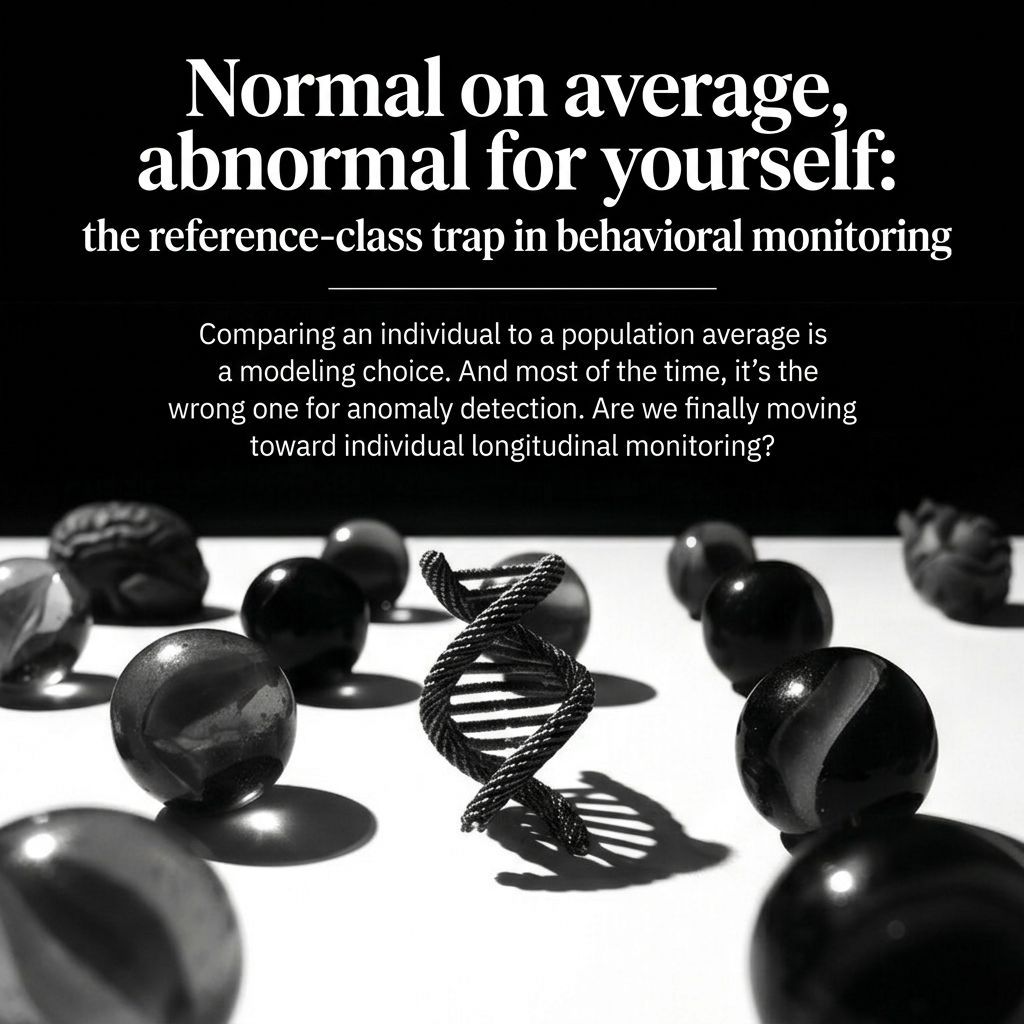 getbarkley's tweet photo. "Normal on average" can be dangerously abnormal for you. 
Compare an individual to a population, and you erase the one thing that makes them an individual. The Reference-Class Trap — in monitoring, in health, in AI. 

Full article 👇️ 
https://t.co/74ct9R3rFZ 

#AI #DataScience https://t.co/oQYHB02GwP