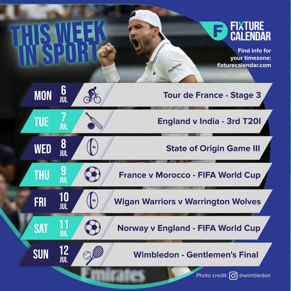 fixturecalendar's tweet photo. Get ready for a week full of fantastic sport!

🚵: Tour de France
🎾: Wimbledon
⚽: FIFA World Cup
🏉: State of Origin Game III

Check out our full preview of the week on the Fixture Calendar Website: https://t.co/j4aU9p2CQi

#TourdeFrance #Wimbledon #FIFAWC #StateOfOrigin https://t.co/DIAhLHHOA4