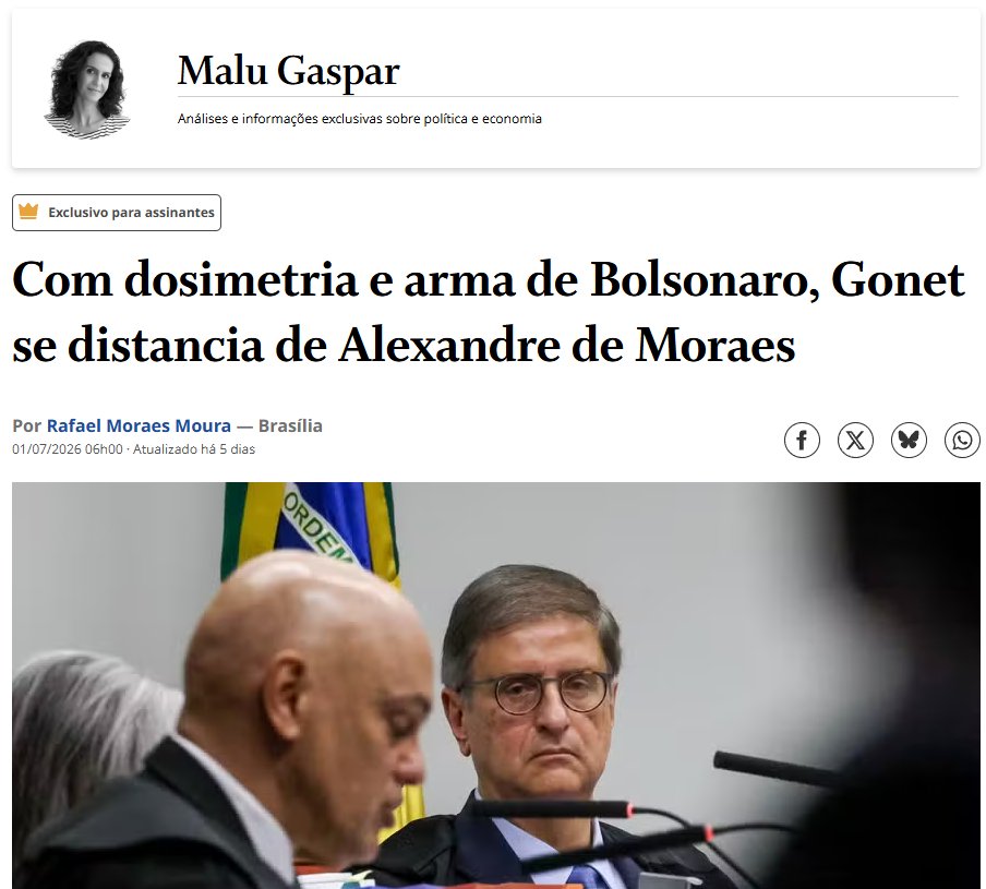 LagSignal's tweet photo. Mooska aqui.

Durante muito tempo, qualquer divergência entre Alexandre de Moraes e Paulo Gonet parecia impossível.
Agora aconteceu uma.
Depois outra.
E mais outra.

De repente, a imprensa descobriu que o Procurador-Geral da República também tem vontade própria.
Curioso o timing.

Quando o custo institucional era baixo, quase tudo caminhava na mesma direção.
Agora, justamente quando aumentam as pressões políticas, jurídicas e internacionais sobre o Brasil, a autonomia da PGR começa a aparecer.

Talvez não exista rompimento algum.
Talvez exista apenas uma velha regra do poder: Quando o vento muda...os primeiros a reposicionar as velas são justamente aqueles que pareciam mais alinhados.

Mooska não faz previsões.
Mas registra padrões.
E este padrão começou a ficar difícil de ignorar.
#Política 
#Brasil 
#Eleições2026
@malugaspar