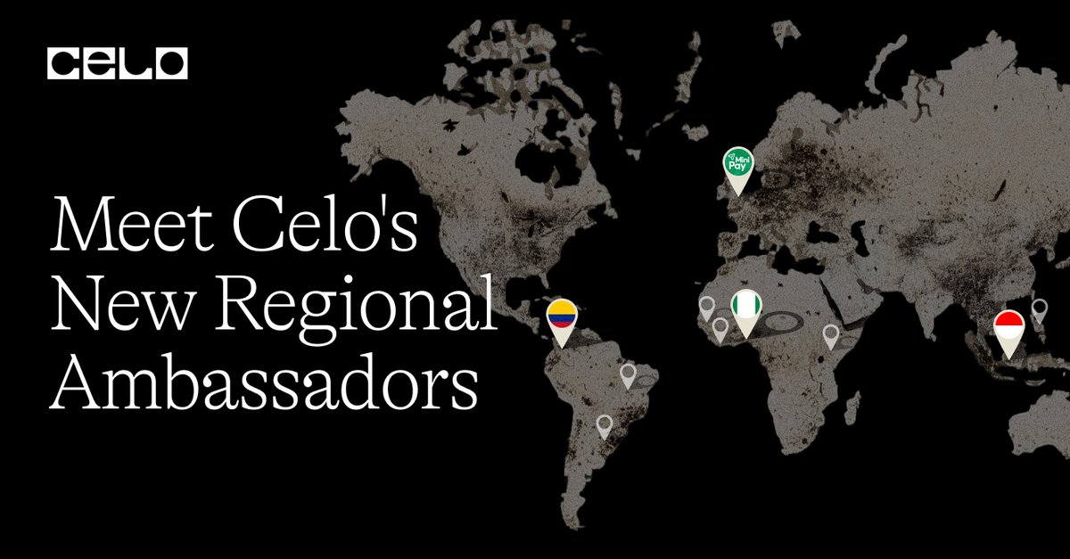 Celo's tweet photo. Welcoming Celo's latest Regional Ambassador additions 💛

Deepening on-the-ground presence in Africa, Latin America &amp; Southeast Asia, this cohort drives education, awareness &amp; grassroots adoption for the leading programmable rails for global finance 🌐

Meet the team ↓ https://t.co/CWDs1n9mFL