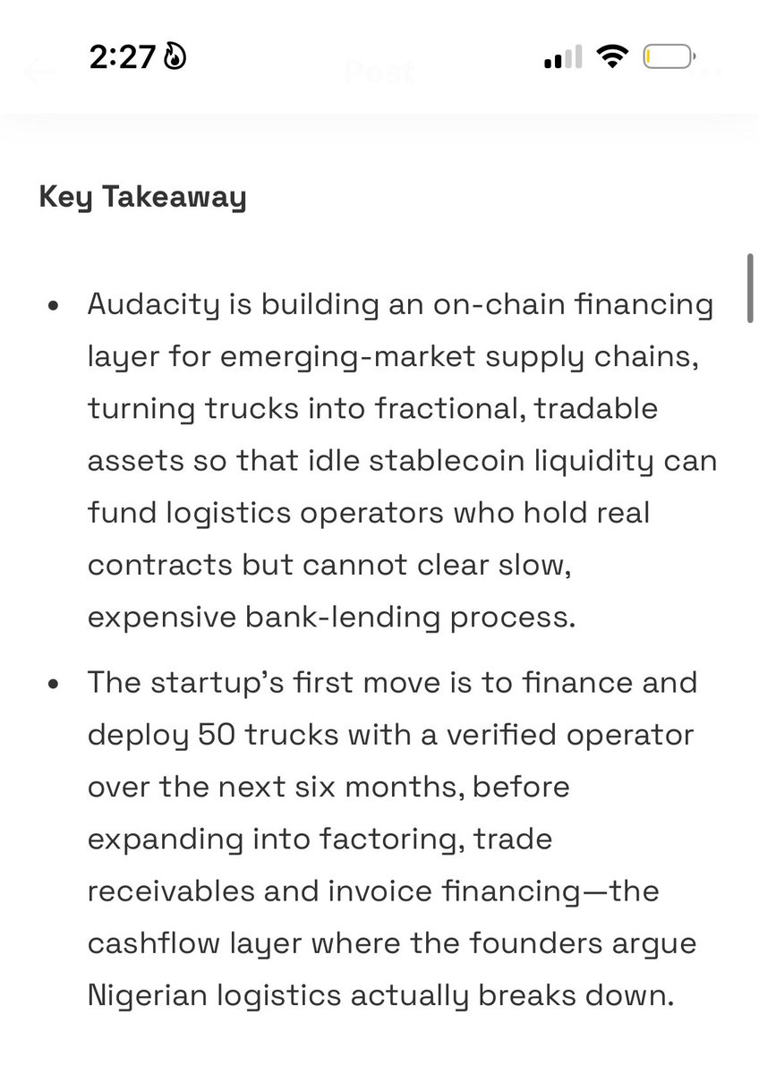 Oxpam_pam's tweet photo. Access has always been the thesis behind Audacity.

We're building the liquidity layer for the supply chain economy by connecting productive transportation assets with global onchain capital seeking sustainable yield.

The opportunity isn't simply to tokenize assets. It's to make productive businesses easier to finance and help capital flow where it's needed most.

I recently spoke with Portal about why we started @audacityonchain , the problem we're solving, and what tokenized transportation could unlock for emerging markets.

PS: The second slide came out after we started building Audacity. It's encouraging to see the broader market validate a thesis we've believed in since day one.

Still Day 0