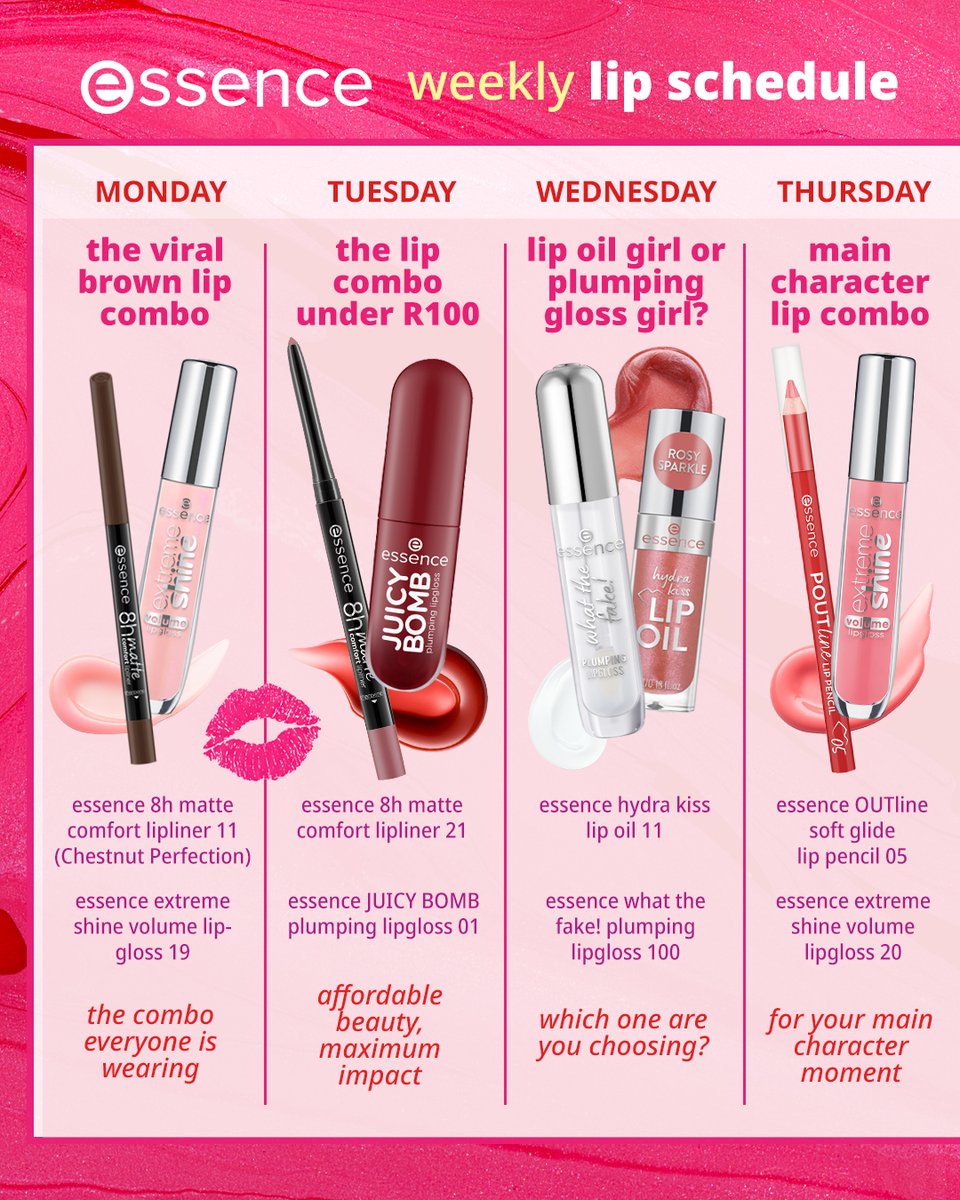 essence_ZA's tweet photo. monday to sunday... your lip combo is sorted 💋✨because one favourite just isn't enough.

which day are you wearing first? 👀👇

shop the full lineup in-store and online at @Clicks_SA 💖 https://t.co/V24vb28VmN